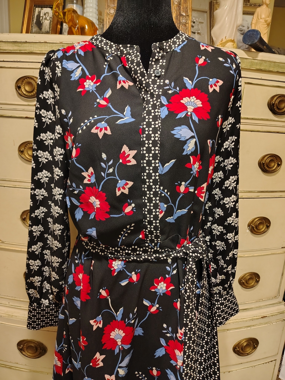 Talbots Black Midi Dress with Red & Blue Floral Print - Picture 3 of 16